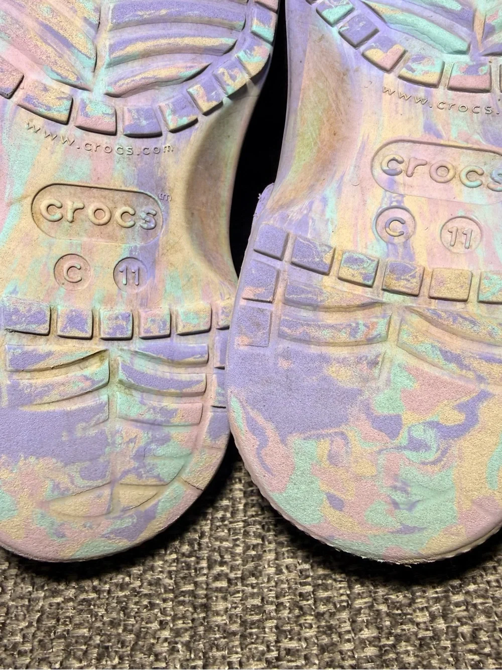 Crocs Kids' Classic Marbled Clogs in a purple/pink and blue  size C11